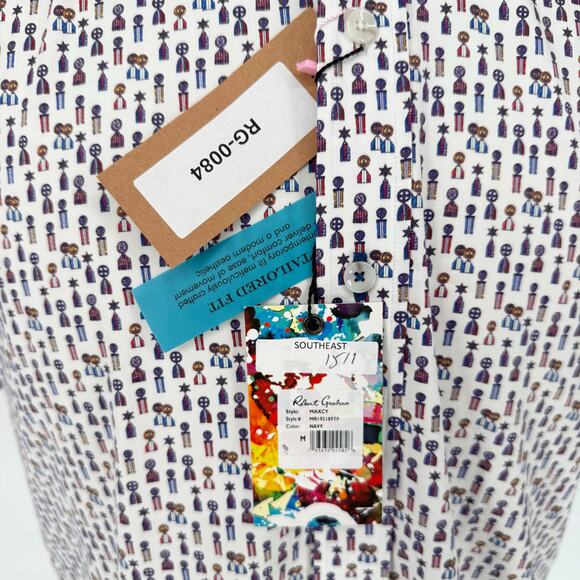 Robert Graham Woven Button Front Short Sleeve Shirt Medals Print on White M - Picture 8 of 9